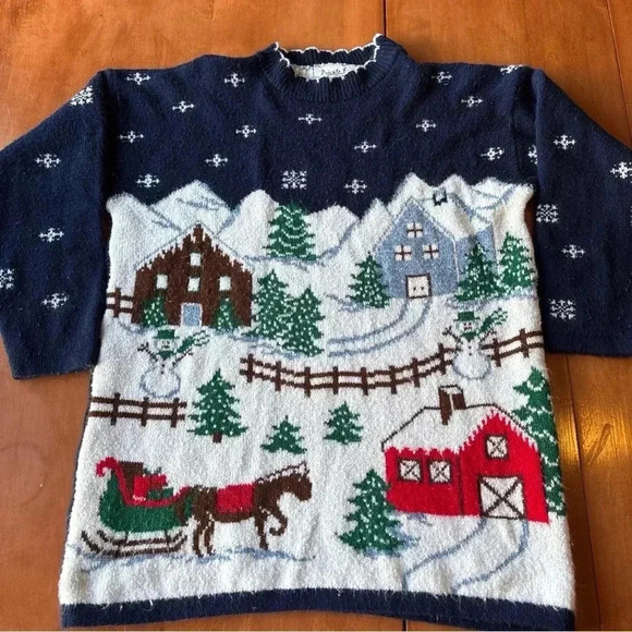Vtg 80s Ugly Christmas Sweater Women Blue Snowflakes USA Made Sz S 100% Acrylic - Picture 3 of 9